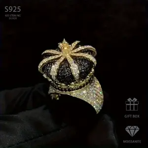 Ice Black and White Quartz Crown Ring |     18k gold plating, luxurious design paired with moissanite, platinum-plated, an ideal gift for stylish men on their birthday or for special occasions