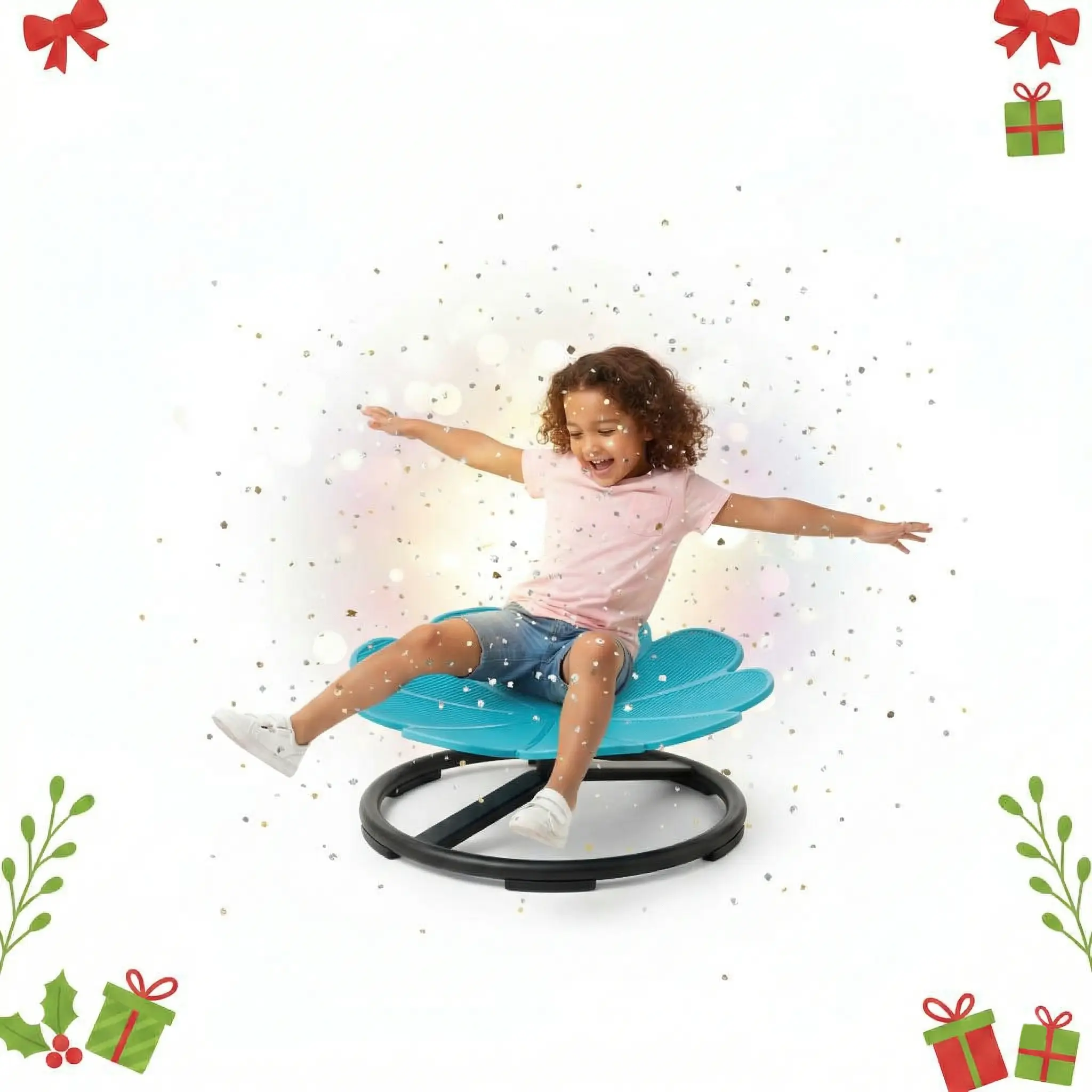 Kids Flower-Shaped Sensory Spin Plastic Chair - Non-Slip Metal Base, Plain Indoor Coordination Balance Focus Training, Blue Playful Furniture for Autistic Toddlers, Easy to Carry Multiple Colors Children's Day Gift, Sensory Spin Chair, Swivel