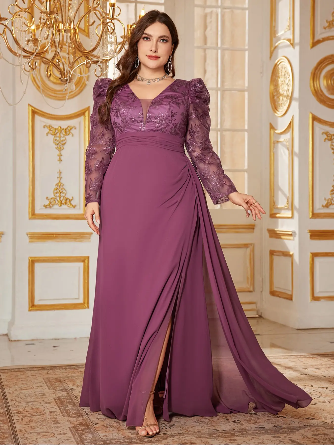 Women's Plus Size V-Neck Bubble Long Sleeve Sequin Embroidery Waist Cinch Side Slit Chiffon Bow Party Evening Gown Dress