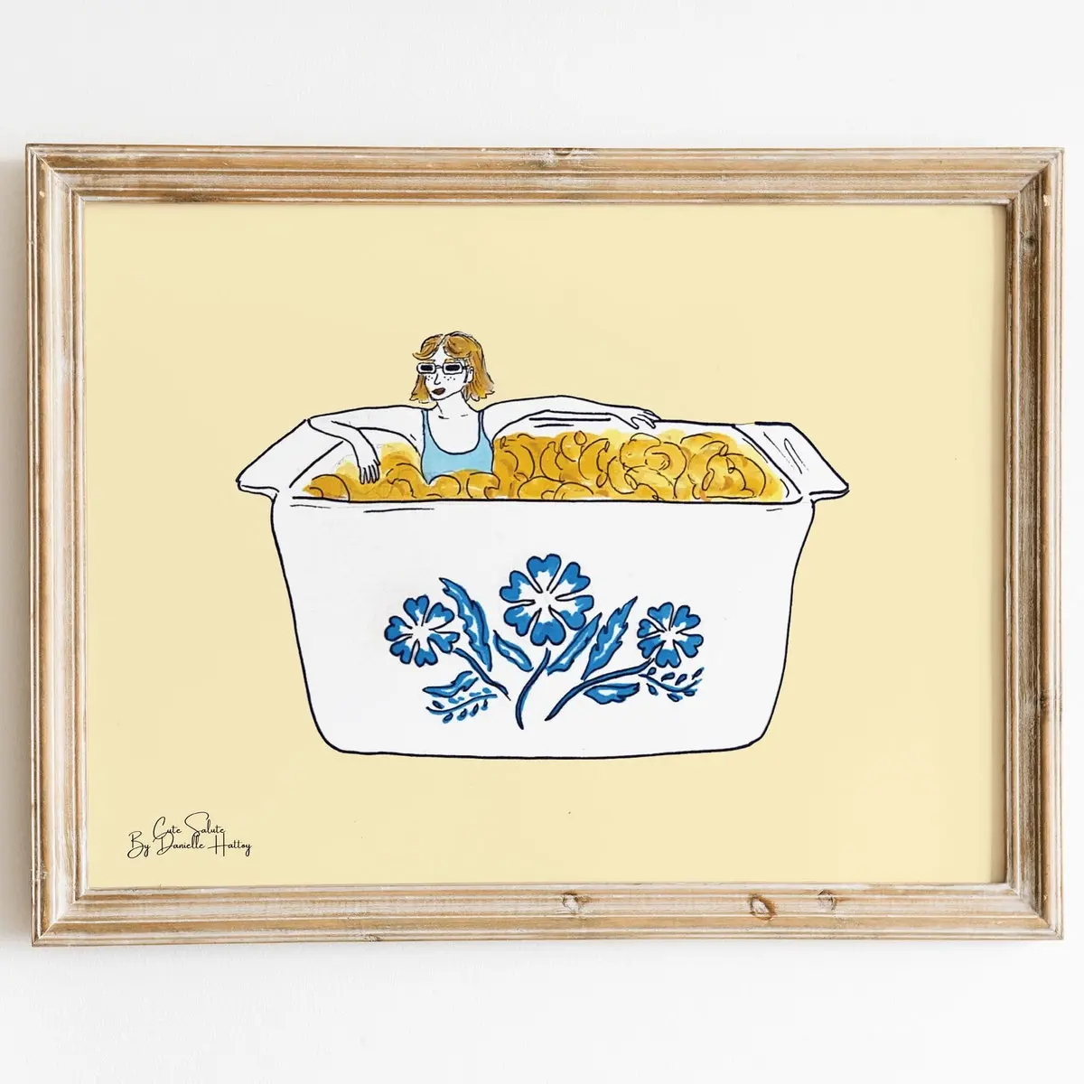 Vintage Corningware Blue Cornflower Mac N' Cheese Illustration Print, Retro Kitchen Art, Cute Nostalgic Kitchen Art, Mac And Cheese Wall Art