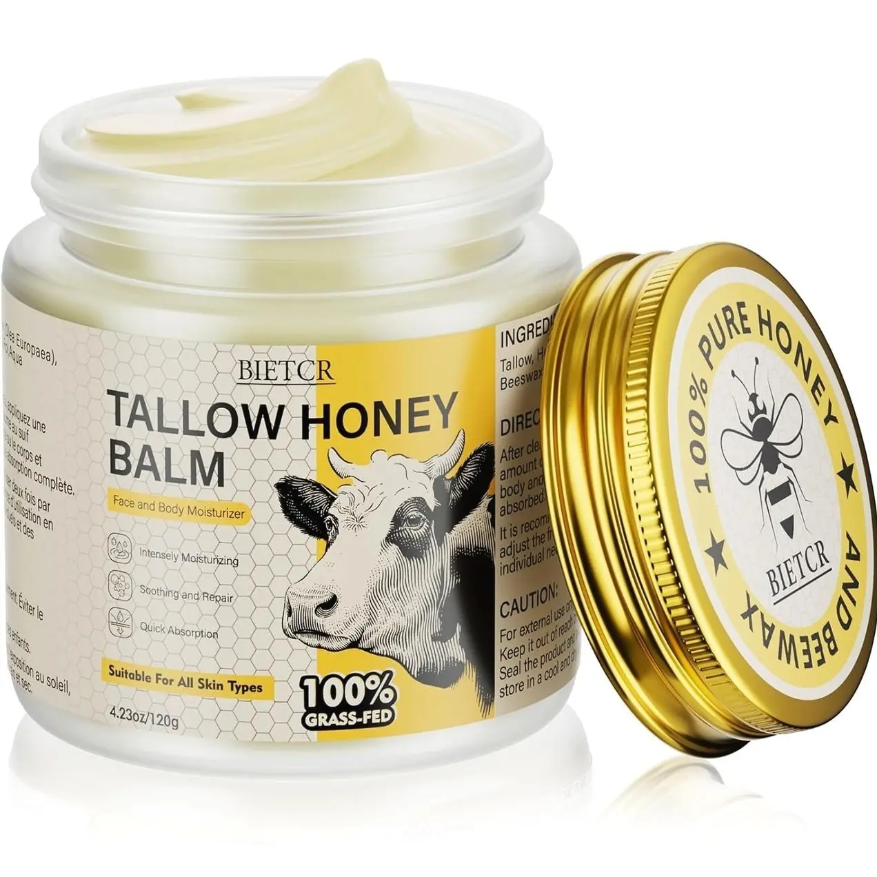 Organic Grass-Fed Beef Tallow for Skin,Body,Tallow Face Moisturizer for Eczema,Lip Balm,Whipped tallow honey balm,All Natural Body Lotion for Women Men,Tallow Cream Skincare,Unscented 4.2 OZ