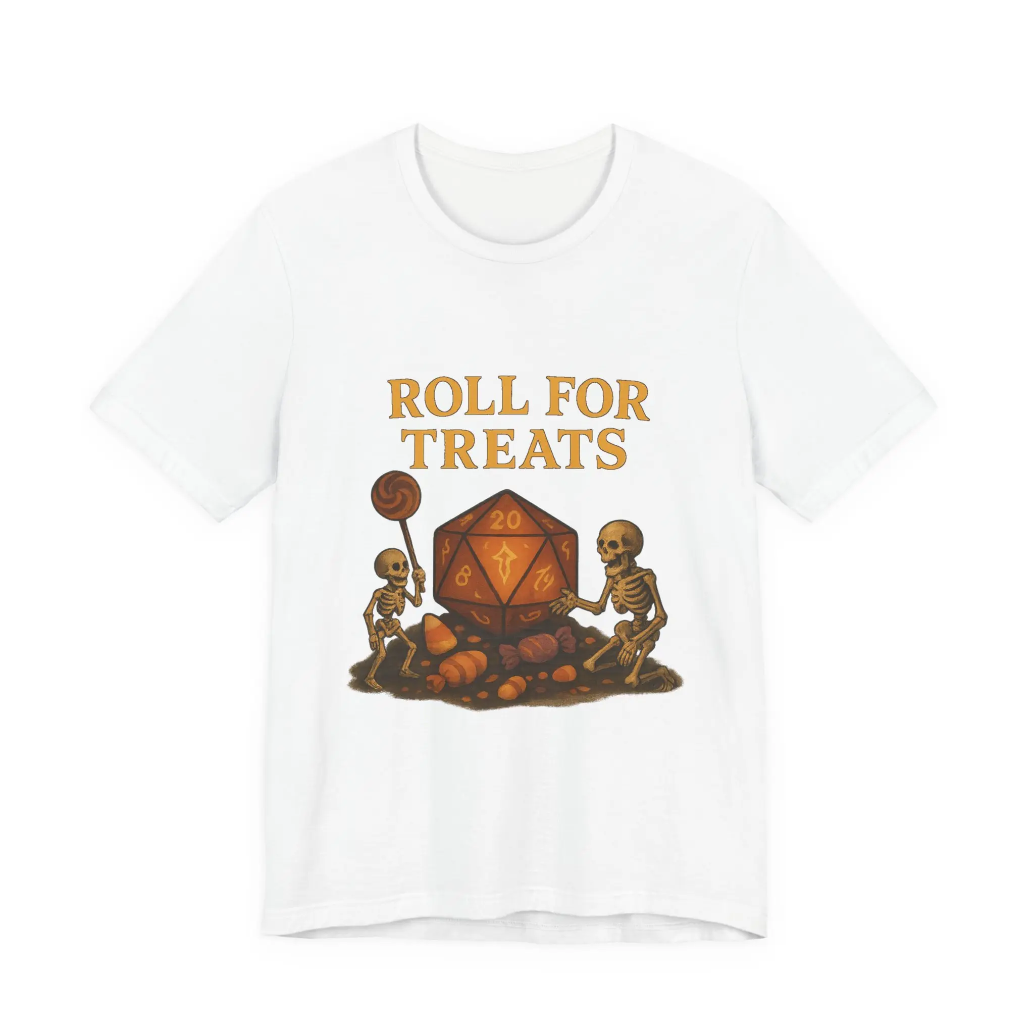 Roll for Treats Shirt - Funny D20 Halloween T-Shirt for DnD Players | Skeleton Gamer Tee | Spooky Tabletop RPG Halloween T-Shirt | Short-sleeve T-Shirt