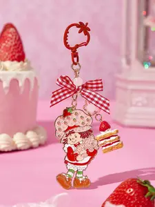 Strawberry Shortcake Zinc Alloy Keychain, Cake Shape Fashion Accessory with Checkered Bow Detail, Gold Keyring Bag Pendant Charm for Commemorative Gifts