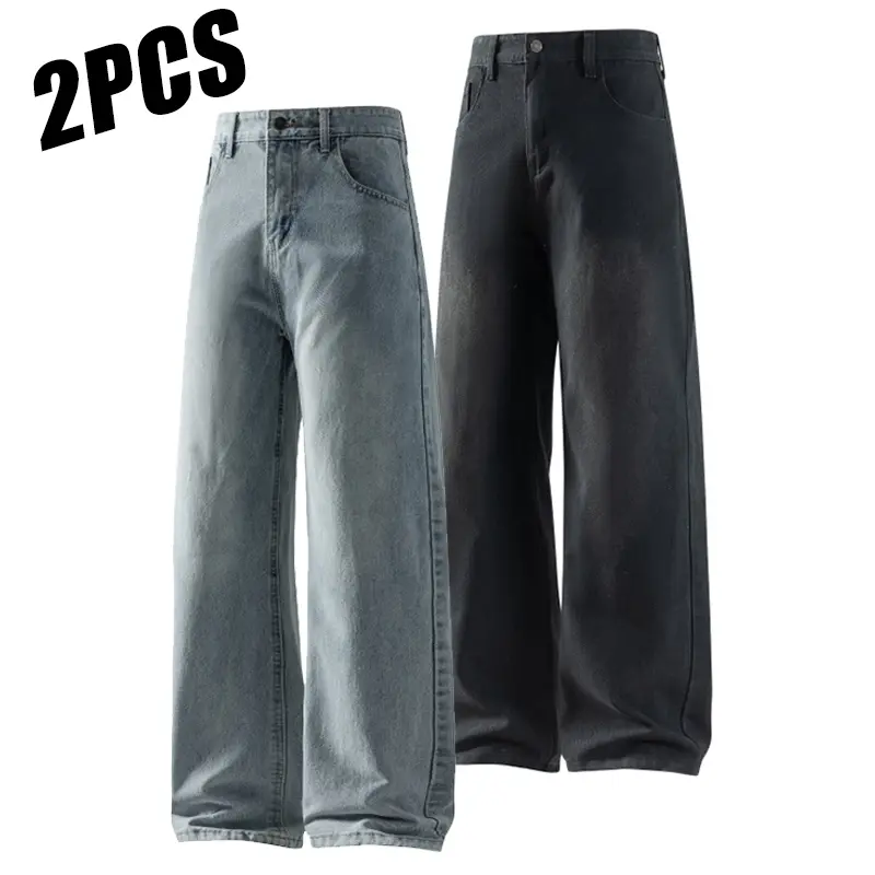 2-Pack men's American comfortable casual straight-leg jeans, old wash water street trend fashion daily versatile trousers, all seasons 65% cotton 27% polyester fiber 8% viscose fiber, suitable for daily wear