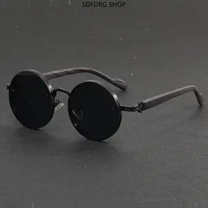 Men’s Retro Round Glasses, Metal Full Rim Frame with Wood Grain Temples, Clear Lens Fashion Eyewear, Lightweight Vintage Style Glasses for Daily Outfit Casual Wear