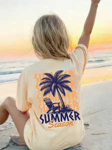 Summer Coconut Tree Print Loose-Fitting Round Neck Short Sleeve Top, Y2K Fashion Casual Beach Vacation Wear, Daily Leisure Clothing