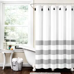 Lush Decor Boho Tassel Stripe Yarn Dyed Recycled Cotton Blend Shower Curtain 72"W x 72"L Eco-Friendly GRS Certified Soft Touch Showercurtain