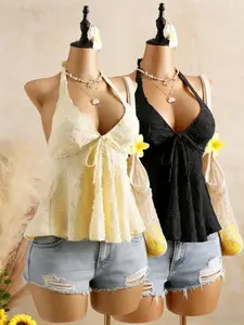American Retro Halter Top Set, Tie Waist Ruffle Sexy Short Sleeve Blouse, Two Pieces, Women's Fashion Clothing
