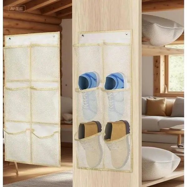 Space-Saving Shoe Organizer 2-Pack for Sneakers, Sticky Hanging Mounts, Door Storage Shelf, Holds 6 Pairs, Compact Shoe Rack, Durable Beige Design, Easy Installation Set Lightweight Plastic Smooth Wall sticky hook