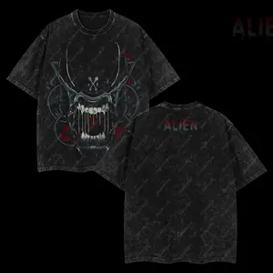 Superstyle Xenomorph Alien Horror Screamer Alien vs. Predator AVP Edition Double Printed Oversize Lightweight Acid Washed Tee TV Series Movies Graphic Design Top Cotton Streetwear Comic Superheroes T-Shirt Clothes Menswear Womenswear