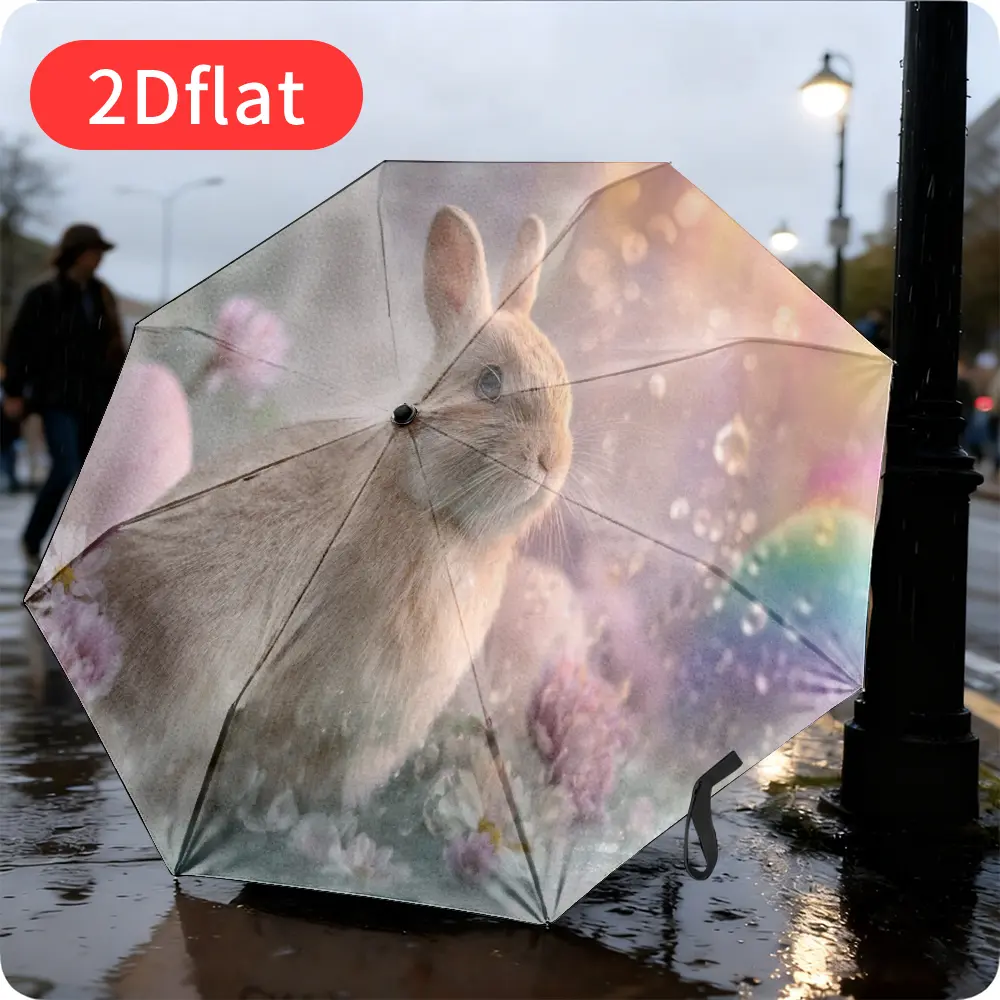 An Easter Bunny Folding Umbrella – featuring an adorable bunny and colorful egg design, lightweight and portable for travel and commuting, with a durable canopy made of sturdy plastic and metal frame; a festive gift for