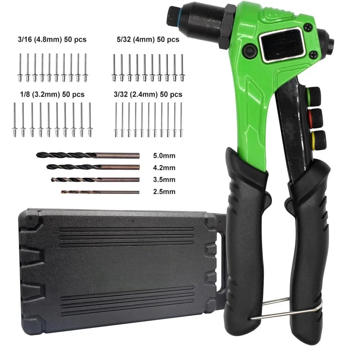 Rivet Gun, Pop Rivet Gun,Rivet Gun Kit, 200Pcs Rivets and 4 Drill Bits, Heavy Duty Hand Riveter Tool Set (Heavy Duty Rivet Gun),  Men