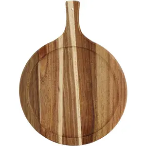 Round Wood Cutting Board with Handle, Pizza Cutting Boards for Kitchen, Small Wooden Chopping Board, Charcuterie Serving Boards for Cheese Meat Vegetables Bread, 15.7" x 11.8"
