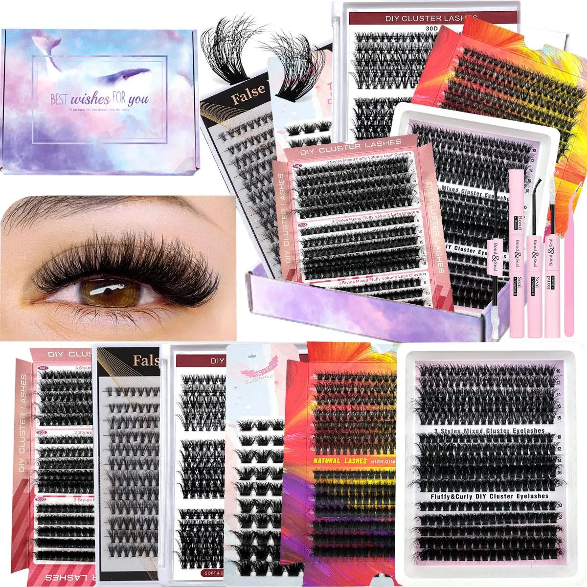 Mixed Length Individual Lashes Cluster False Eyelashes Kit, 8mm-20mm D Curl False Eyelashes with Glue & Tweezers, Professional Eye Makeup Accessories for Women, Cosmetic, Fluffy Eyelashes Cluster, Diy Volume Eyelashes, DIY Eyelashes Kit