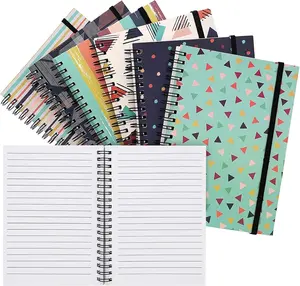 6 Pack 5x7 Spiral Notebooks with Pocket - Small Lined Journals with Elastic Closure for School, Work (6 Designs)