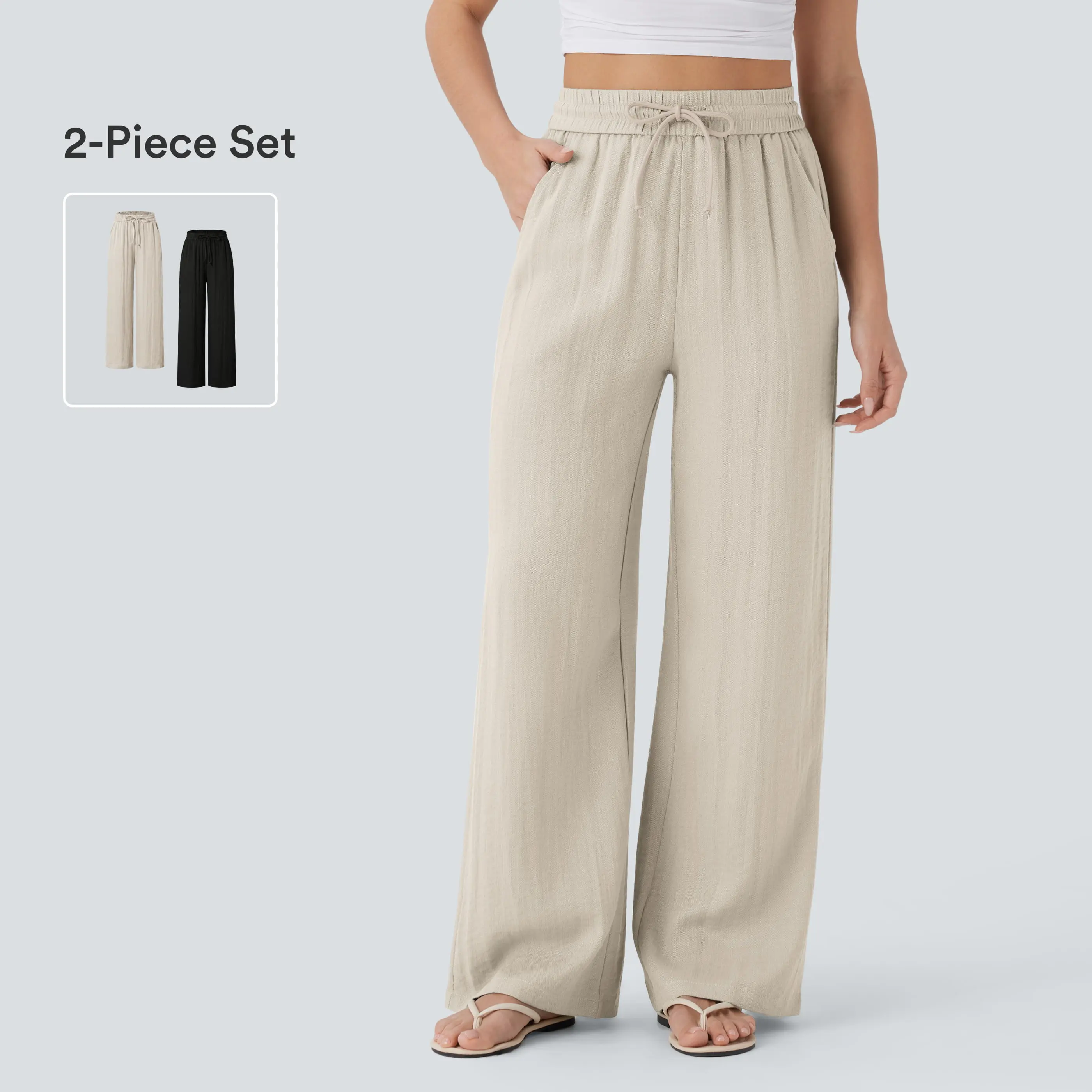 Halara 2-Piece High Waisted Drawstring Pocket Wide Leg Baggy Casual Linen-Feel Pants Set