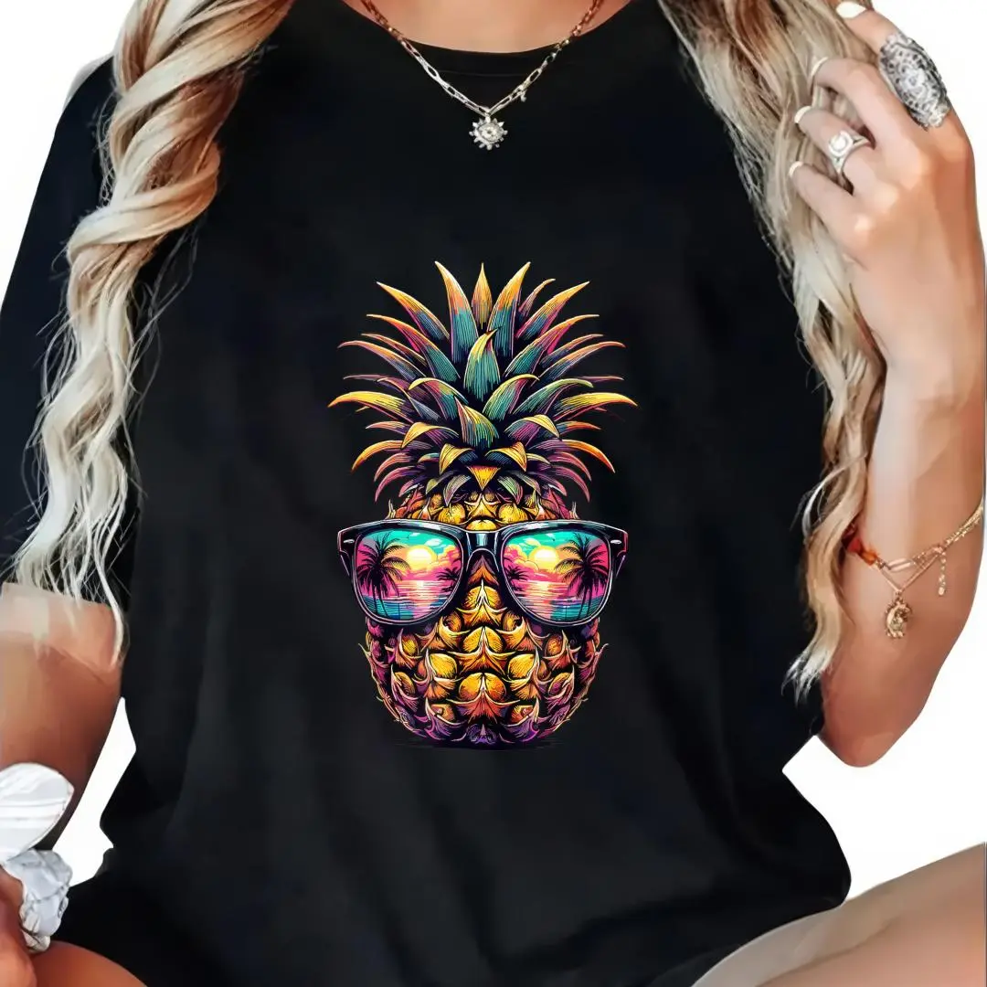 100% Cotton Colorful Pineapple With Sunglasses Pattern T-Shirt Women Men Outdoor Casual Short Sleeve Comfortable And Versatile