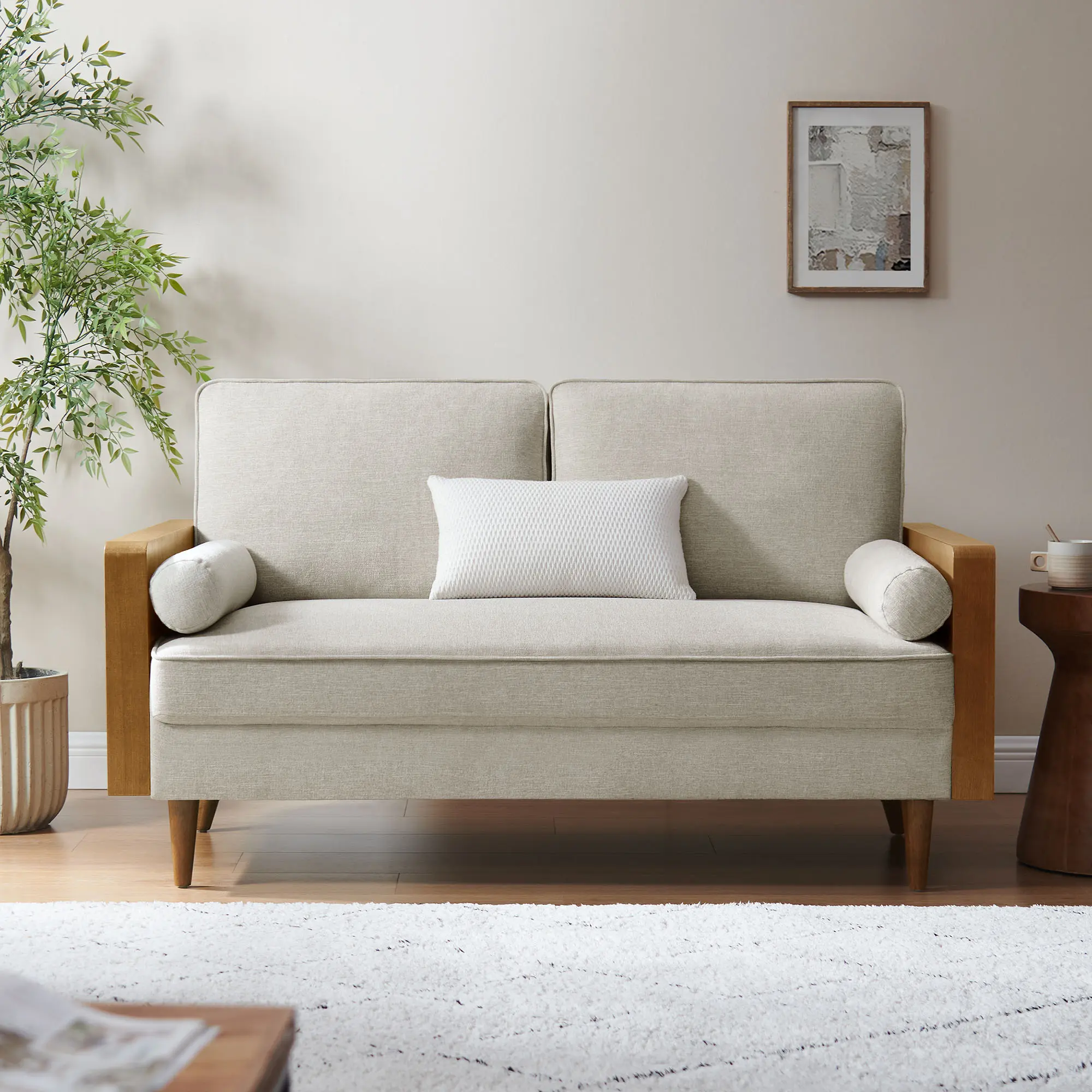 Kellan Heathered Weave Fabric Loveseat - Walnut-Ivory Modern Sofa Couch for Home with a Clean Look, Design