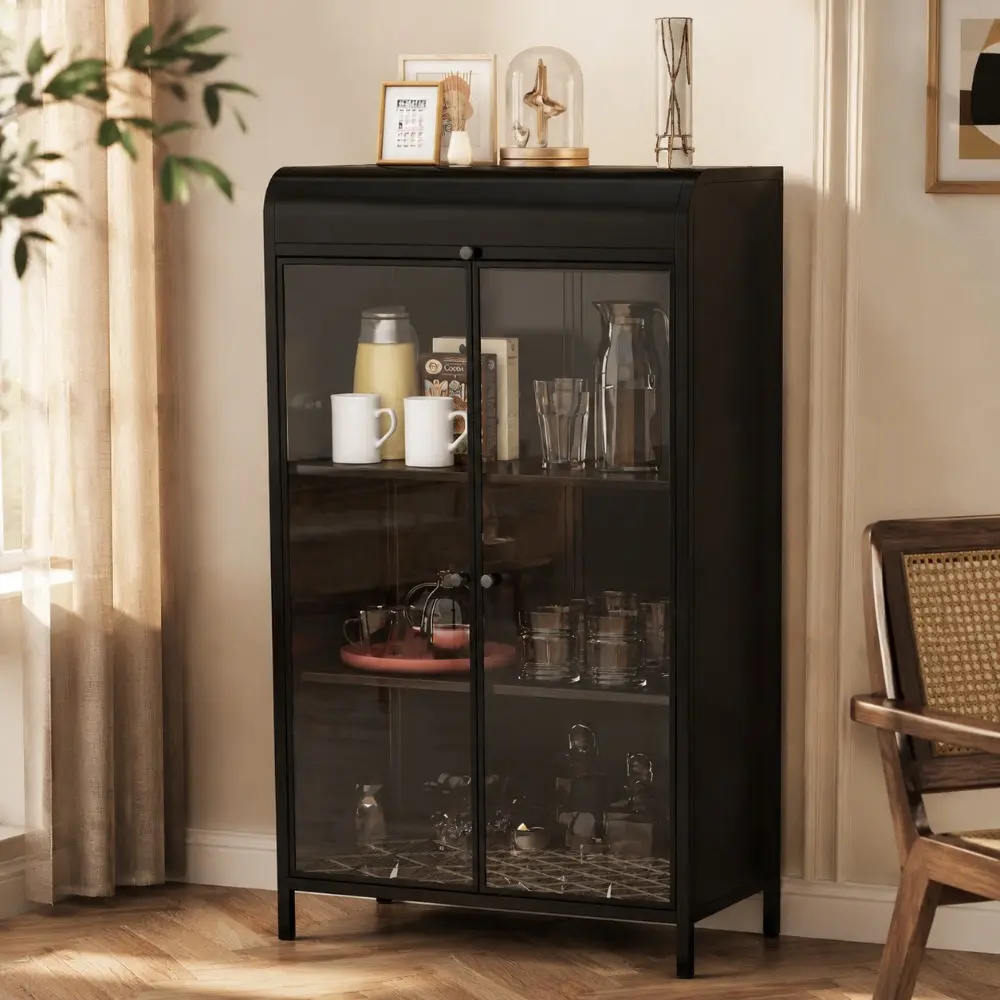 Littleox 47.6" Tall Metal Storage Cabinet with Glass Doors & Flip-Top, 4-Tier Display Cabinet with Open Shelves, Freestanding Steel Sideboard Buffet for Kitchen, Living Room, Home Office, Dining Room, Bathroom