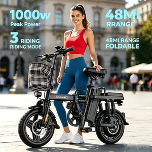 14" Folding E-Bike 1000W 15Ah Detachable Battery 48 Miles Range High Carbon Steel Frame Dual Disc Brake LED Speed Display Electric Bicycle , Commuter E-Bike With Remote Start Lock Unlock Function outdoorfun