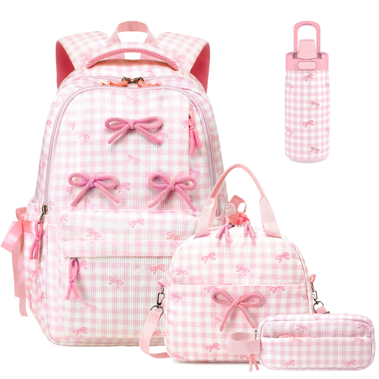 SIMILOVE 4PCS Backpack for School- Corduroy Girls Backpack with Lunch Bag & Pencil Case&Water Bottle, school bag for Elementary Middle High School,Back to School Gift,Birthday's Gift