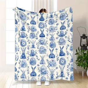 Cozy Blue And White Floral Easter Bunny Flannel Blanket |   Soft, Warm, Perfect for Easter, Birthdays, Family Gifts - Bohemian Style All-Season Bed Sofa Throw, Vibrant Print, Polyester, 280GSM