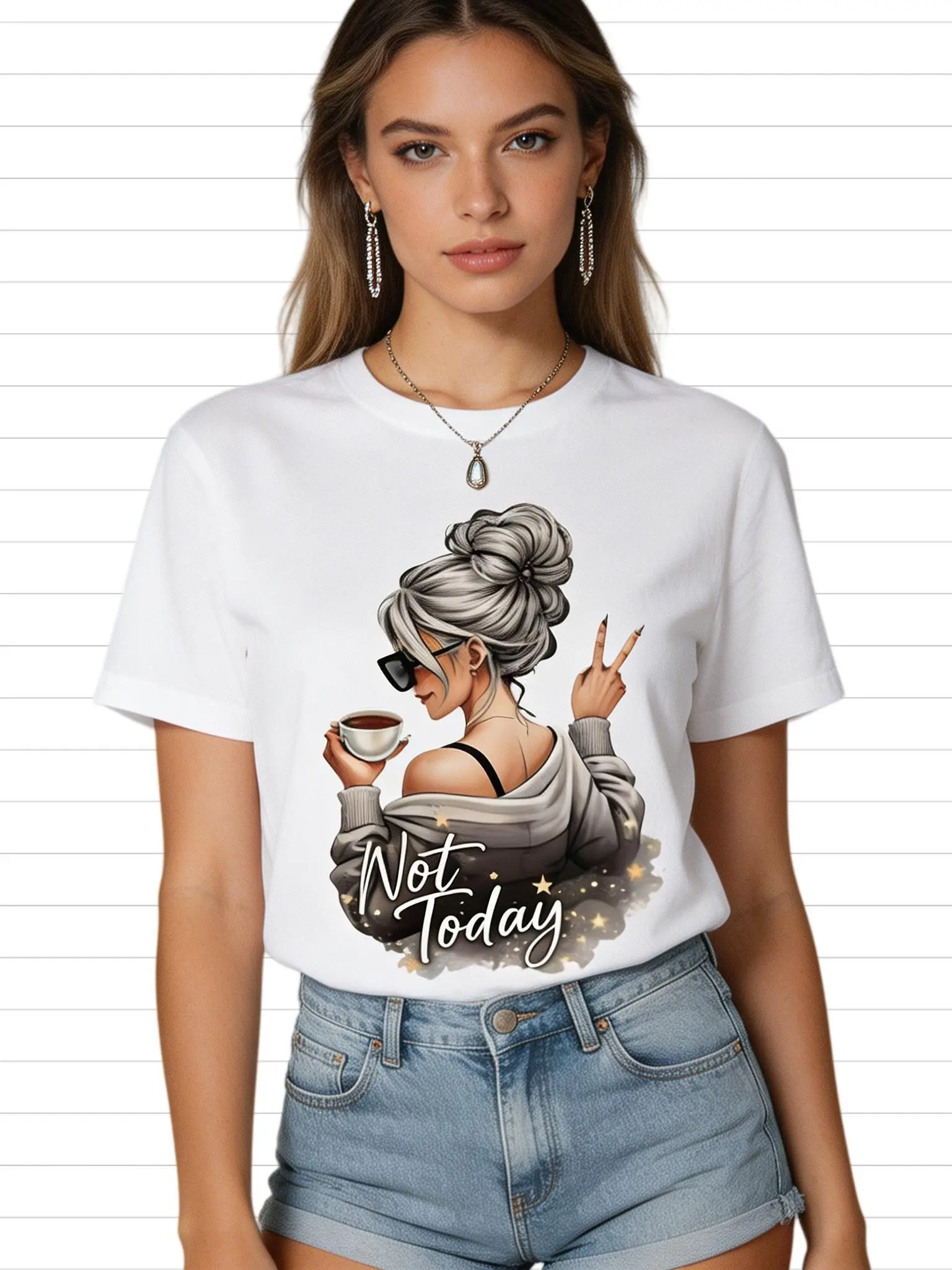 Coffee Lover Women Graphic Tee Trendy Sassy Gray Messy Bun Cool Woman Coffee Cup Not Today Motivational Slogan Art Print Trendy Must Have Oversized Y2K Streetwear Tshirt