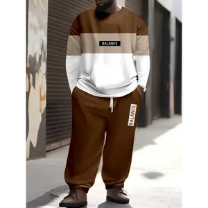 [Plus Size BALANCE Print Tracksuit] 2pcs Plus Size Men's Color Block BALANCE Print Casual Set - Sweatshirt & Drawstring Pants for Fall Winter