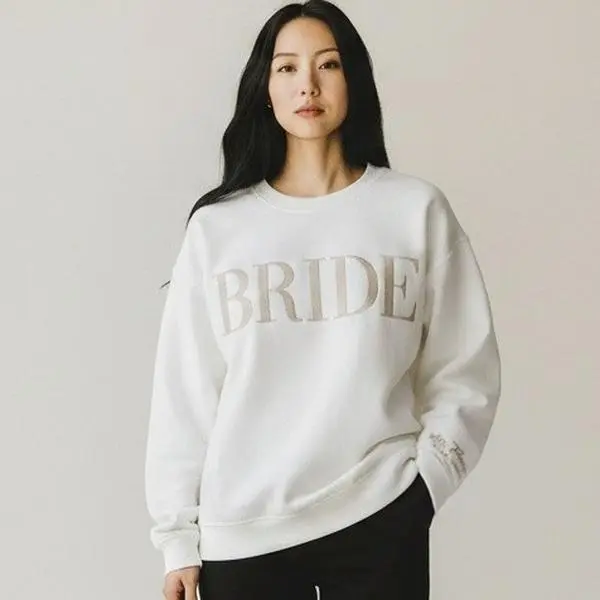 Custom Bride Sweatshirt with Mrs Name on Sleeve | Elegant Embroidered Wedding Hoodie | Personalized Bridal Shower Gift for Future Mrs | Cozy Bridal Prep Outfit & Bachelorette Gift