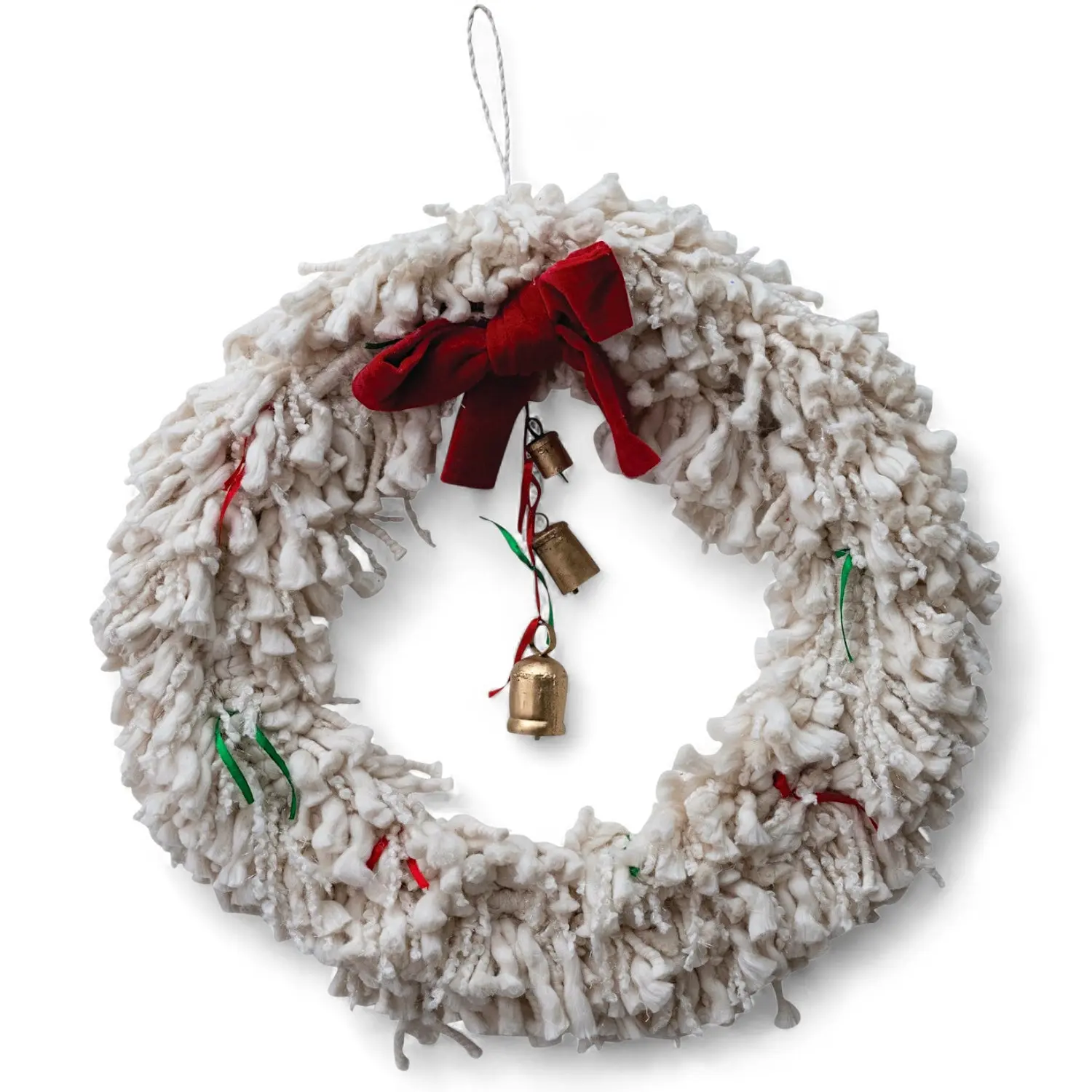Handmade Ivory Yarn Wreath with Red Bow and Bells