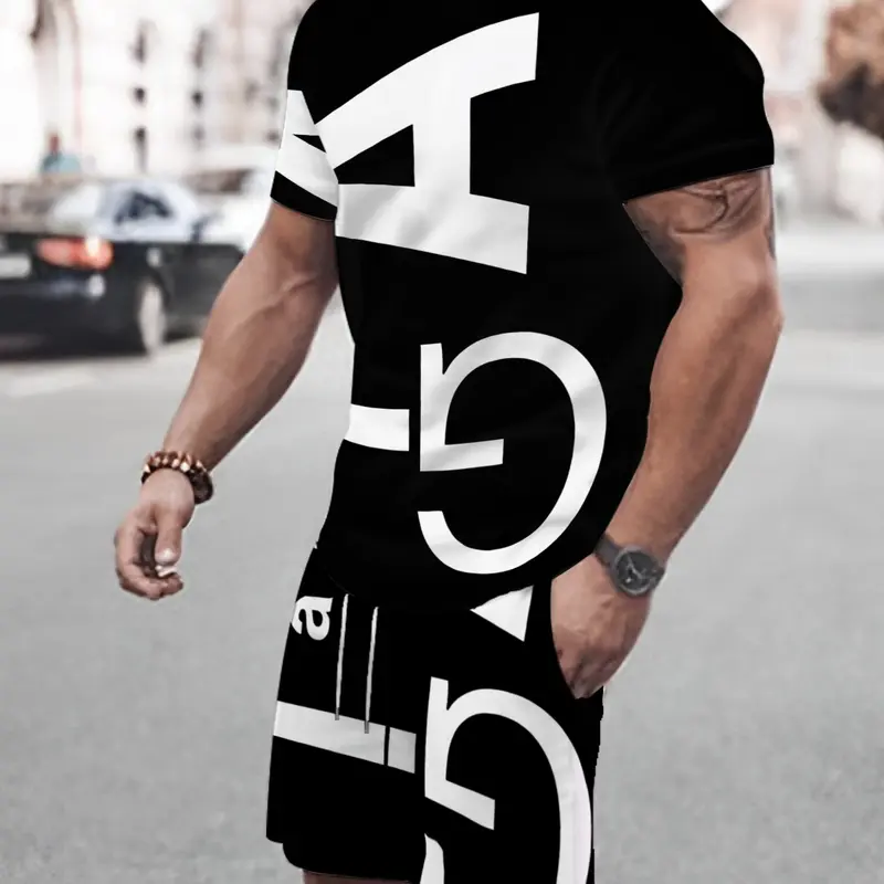 Men's Printed Short Sleeve T-Shirt & Shorts Set, Casual Sporty Style Outdoor Leisure Wear, Summer 3D Print, Adult Size, Tee Shorts Set