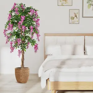COSTWAY - 5.5 FT Faux Wisteria Plant in Nursery Pot with Blooming Flowers-Rose Red