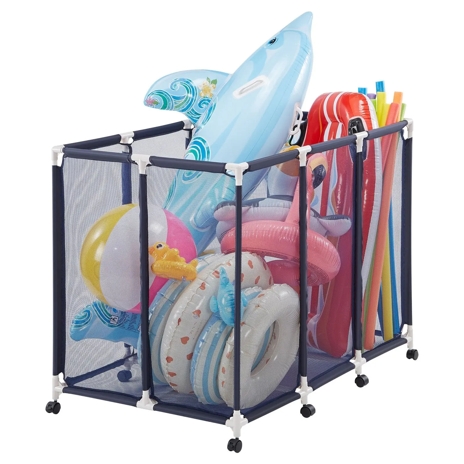 Pool Storage Bin And Organizer With Rolling Casters, 48 X 33 X 39 Inch Large Durable Plastic Frame, Breathable Mesh Basket For Swimming Pools, Poolside Toys Noodles Floats Holder, Mats Towels Storage Solution