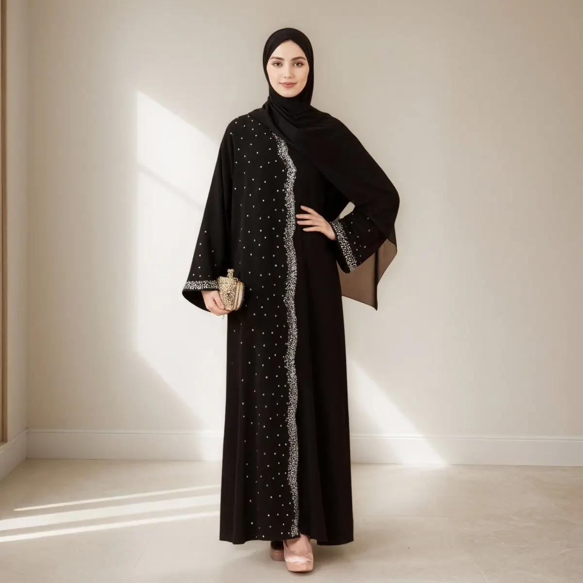 Elegant Rhinestone Modesty Abaya for Women, Black Open Front Islamic Dress with Crystal Embellishments for Eid and Evening Formal Wear, Abayas For Eid, Embellished Open Abaya, Rhinestone Abaya