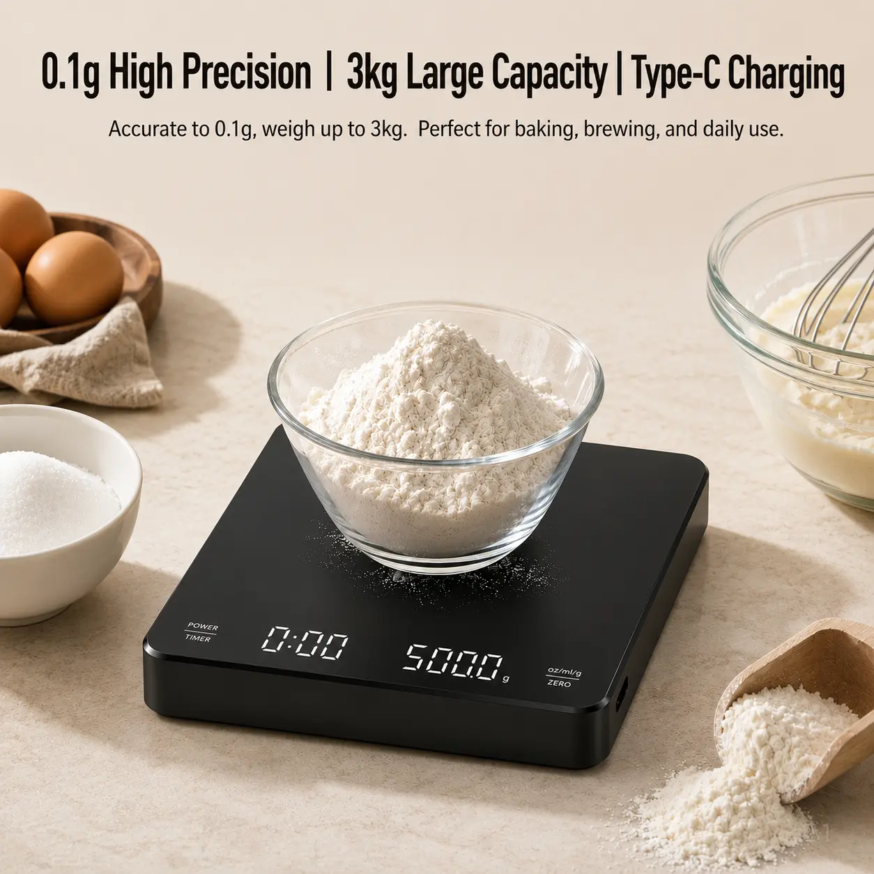 Rechargeable Digital Kitchen Food Scale - 0.1g High Precision, 0.3-3kg Capacity, LCD Display, Timer & Tare Functions, Measures g/oz/ml for Baking, Meal Prep, Keto Diet