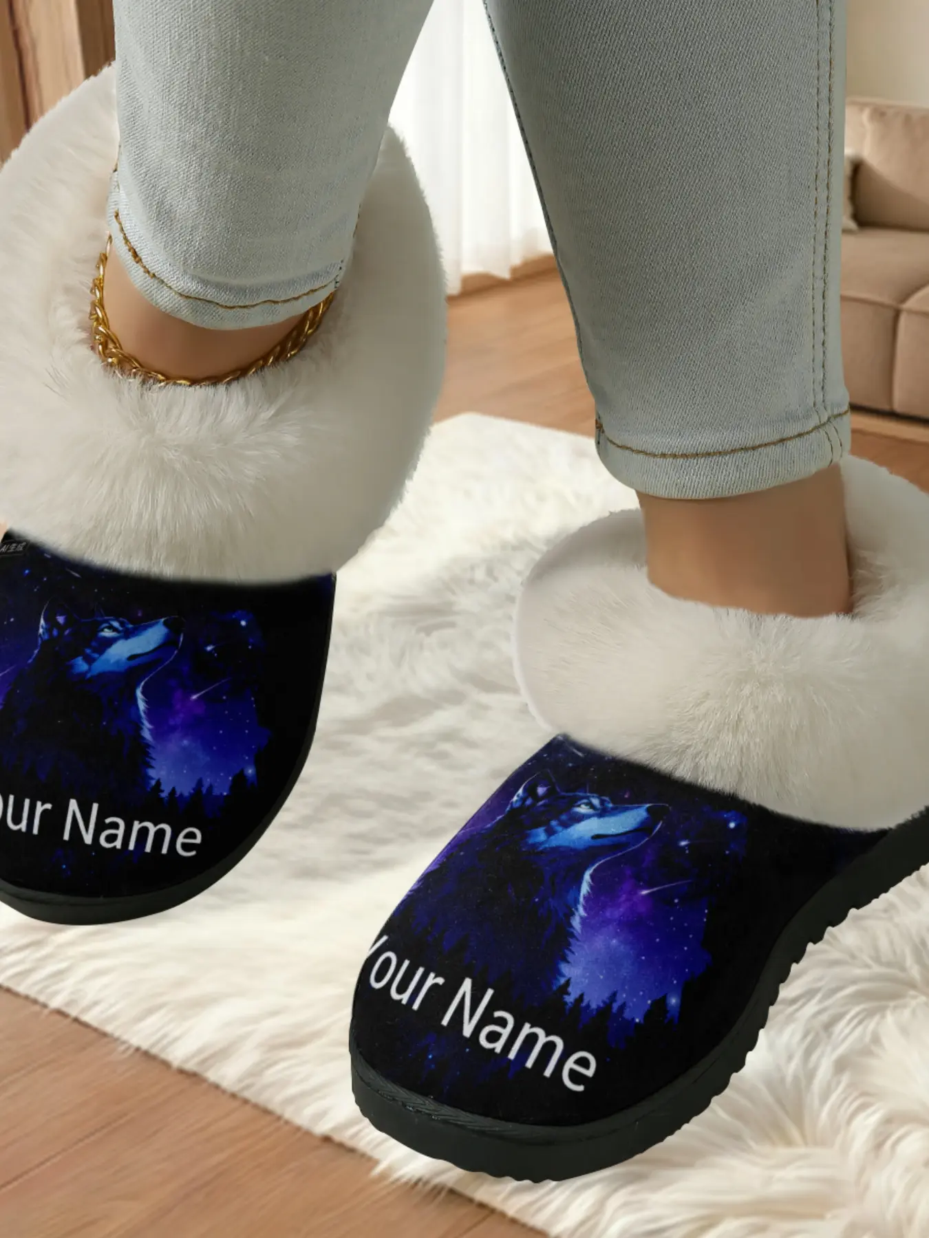 Star Wolf DIY Custom Cotton Slippers, Plush Lined Anti-Slip Thick Sole, Home Customization Winter Warm Shoes, Casual Style