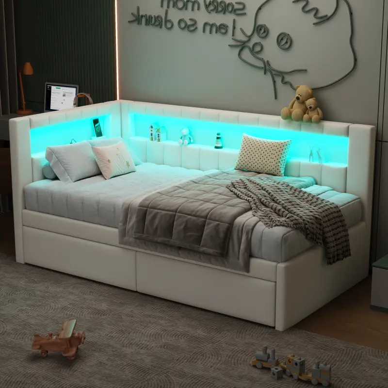 Twin Size Upholstered Daybed with 2 Storage Drawers, Twin Size Platform Bed with USB Ports, LED Belt and Slats, No Box Spring Needed