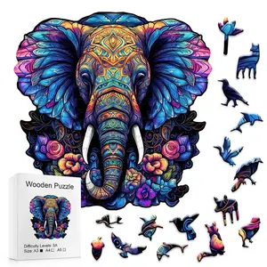 Wooden Jigsaw Puzzle 5A Mandala Elephant with Floral Accents A3 Size Colorful Boho Art for Adults Family Gift Animal Lover Art Enthusiast Therapeutic Stress Relief Puzzle