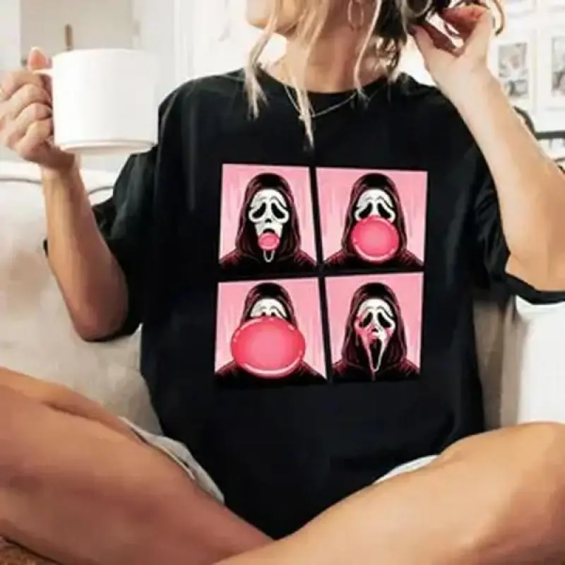 Ghostface Bubble Pink Gum Halloween Shirt, Scream Movie Halloween Shirt Top Womenswear Country Concert Outfits Vintage Graphic Tees Ghostface Summerween Comfort Shirt Halloween  Crewnecks Top Black Casual  Golf Gift T-Shirt For Men And Women