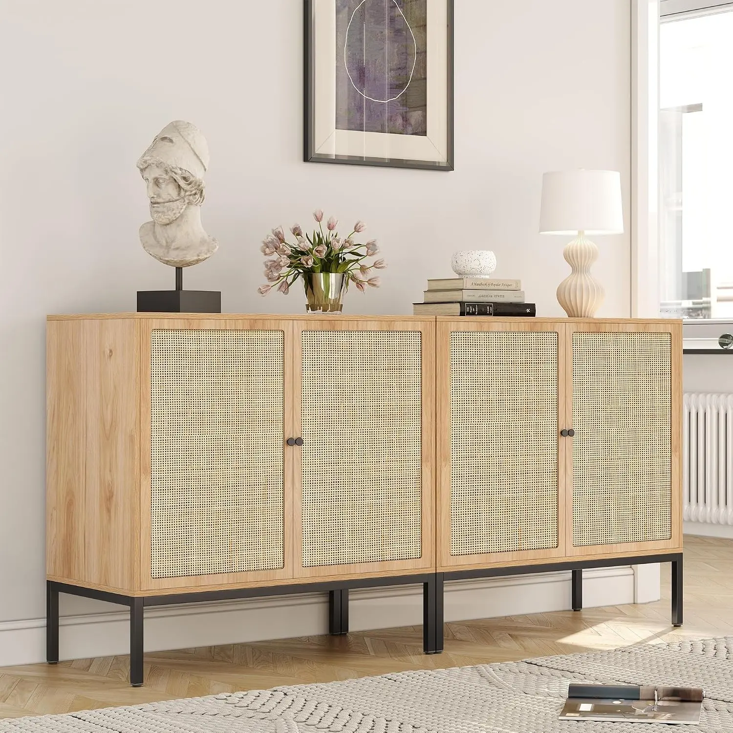 Yechen Set of 2 63" Sideboard Cabinet with Natural Rattan Doors, Buffet Console & Accent Cabinet, Rattan Credenza Storage with Metal Legs for Living Room, Kitchen, Dining Room (Natural, Full Black)
