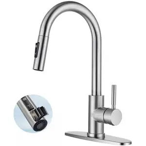 Kitchen Faucets with Pull Down Sprayer, Brushed Nickel Single Handle High Arc Stainless Steel Sink Faucet with Deck Plate, 1 or 3 Hole Deck Mount for RV, Bar, Farmhouse, Laundry, Outdoor
