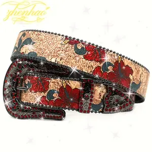 Studded Belt for  Women,Graffiti Red Flower Waist Strap Retro Cowgirl Bling Diamond Filigree Rhinestone Buckle c in chunky belt