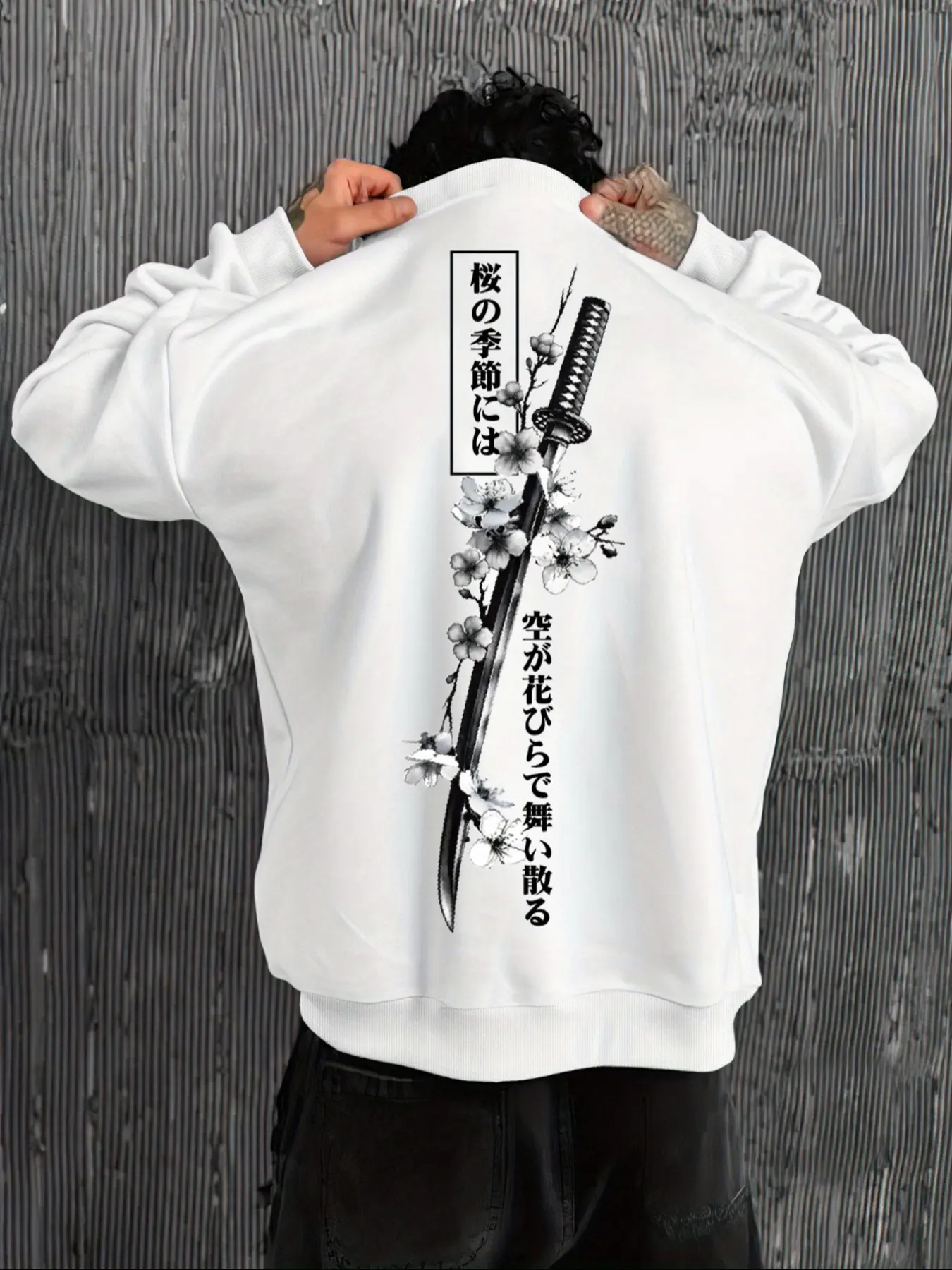 Elegant Oversized Round Neck Sweater, Japanese Style Samurai Sword & Cherry Blossom Design, Unisex Fall Winter Fashion