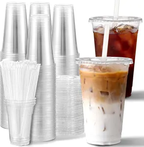 AOZITA 100 Pack, 16 Oz Plastic Cups With Lids and Straws, Iced Coffee Cups With Lids Disposable Clear Cups With Lids - for Iced Coffee, Smoothie, Milkshake and Cold Drinks Through Sip