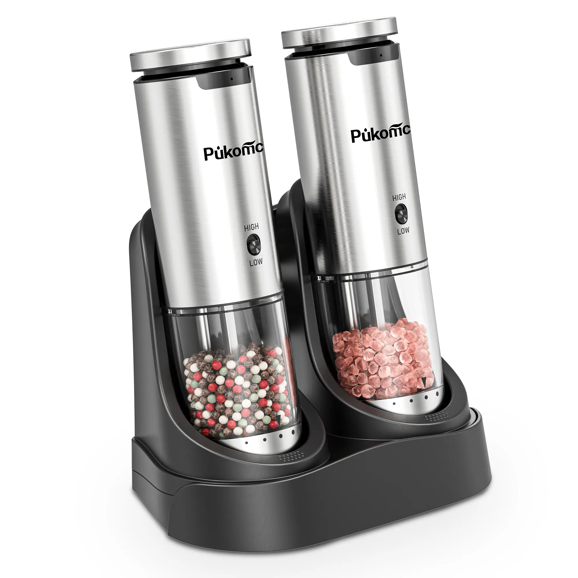 Pukomc Smart Electric Salt Grinder Set - 6 Adjustable Coarseness Levels, Rechargeable LED Base, Easy-Clean Design, 12 Refills & Accessories Included for Dining Table Grinding