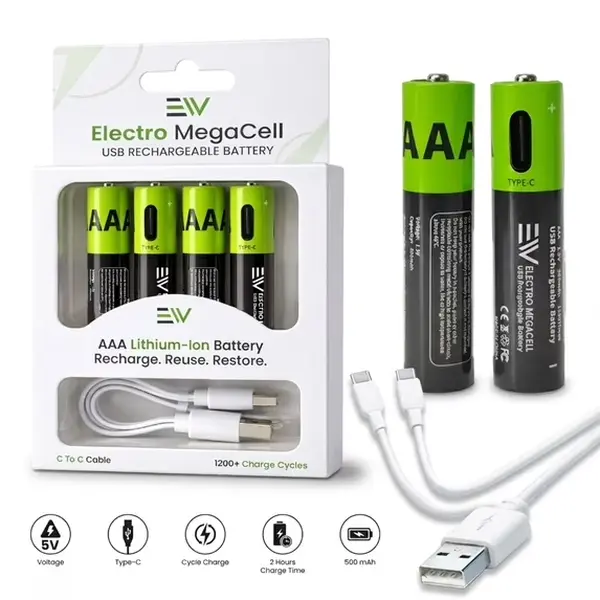 Electronic World USB-C Rechargeable AAA Lithium-Ion Batteries, 4-Pack, 500mAh, 1200+ Recharge Cycles (for Power Tool Accessories, Rotary Tool Accessories)