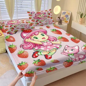 Kawaii Pink Strawberry Girl Fitted Sheet Set, 1 Fitted Sheet + 2 Pillowcases, Cute Cartoon Girl Cat & Strawberry Bedding, Soft, Comfortable & Breathable Microfiber, All Season Decor, Deep Pocket, Non-Slip, Kids Room Style