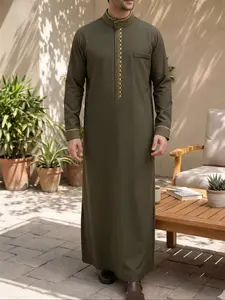 Islamic Muslim Men's Arabic Traditional Thobe Clothing, Ramadan Festival Sacrifice Day Traditional Holiday Clothes, Classic Olive Embroidered Robe For Muslim Modesty
