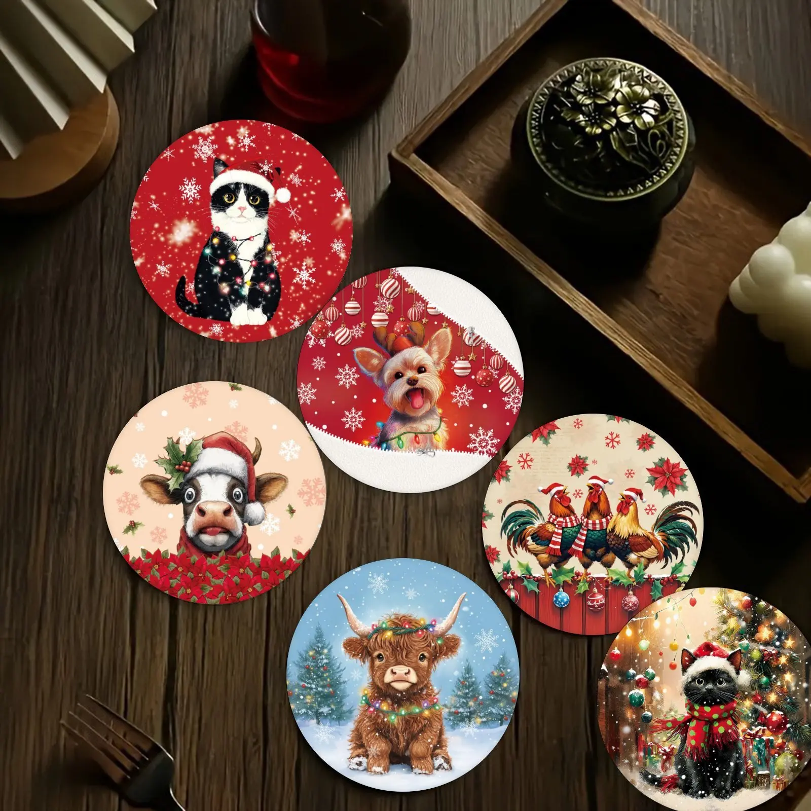 Farmhouse Christmas Round Wood Drink Coasters Set Of 6, Cute Winter Farm Animal Patterns, Moisture-proof Easy-clean Circular Coasters, Prevent Water Rings on Wooden Tables, Rustic Kitchen Bar Holiday Decor Xmas Gift
