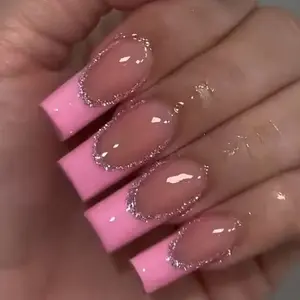 24pcs Medium Square Press-On Nails, French Style Glossy Nail Polish, Reusable Detachable Nail Tips, Glitter Nails for Party Daily Wear